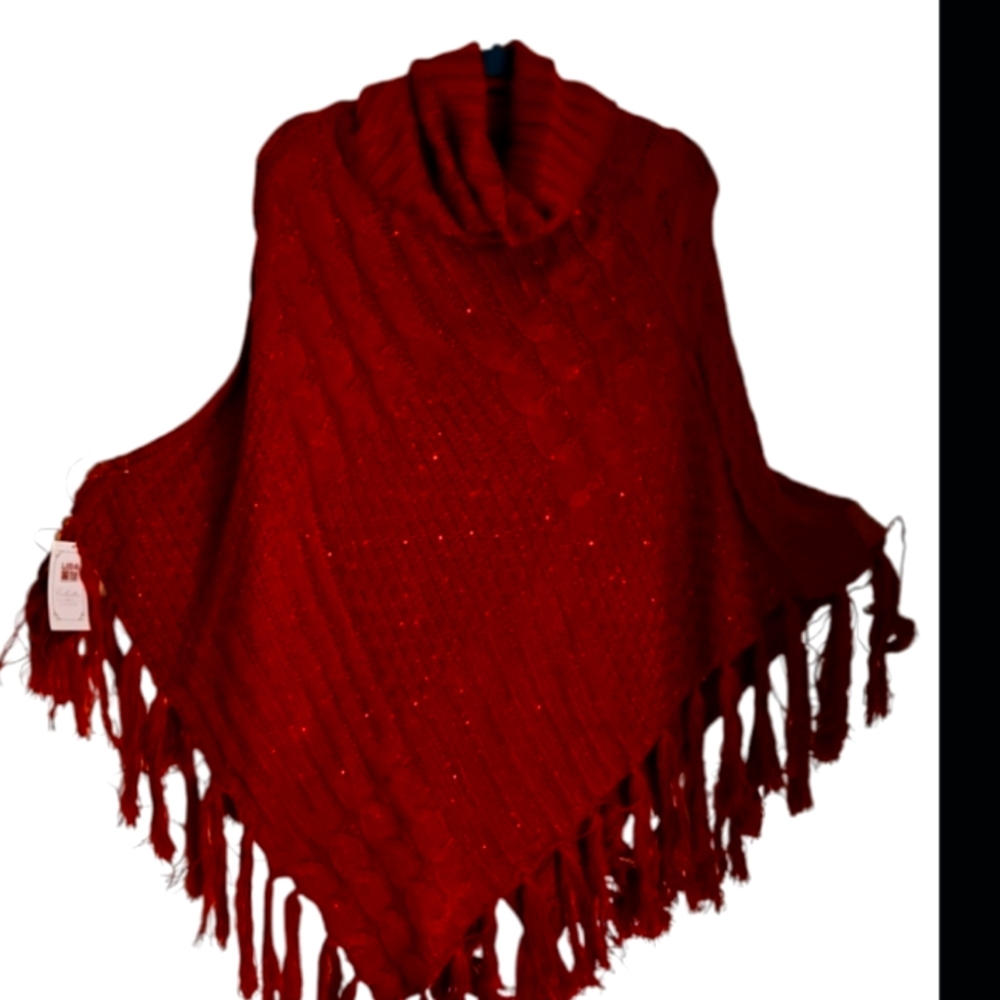 NWT RED TURTLENECK‎  SEQUIN PONCHO SEQUIN FRONT NO SEQUIN BACK LONG FRINGE